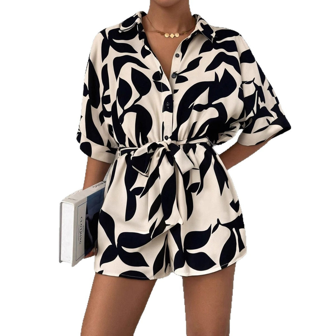 Damen Kurzärmliger Jumpsuit mit floralem Print und Taillengürtel Drune
