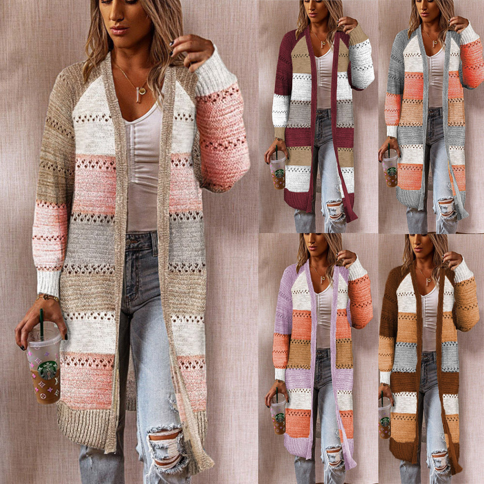 Damen lange Strickjacke mit strukturiertem Streifenmuster Drune
