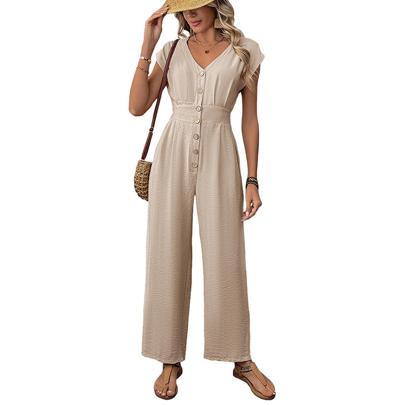 Damen Jumpsuit mit knöpfbarem V-Ausschnitt und weit geschnittenen Beinen Drune