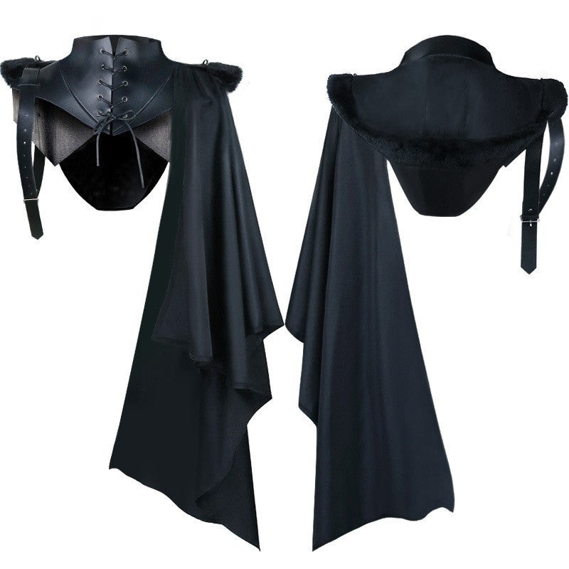 Unisex nan Schulterplattencape mit geschnürtem Kragen, Kunstfellbesatz, verstellbaren Lederriemen und asymmetrischer Schleppe Drune