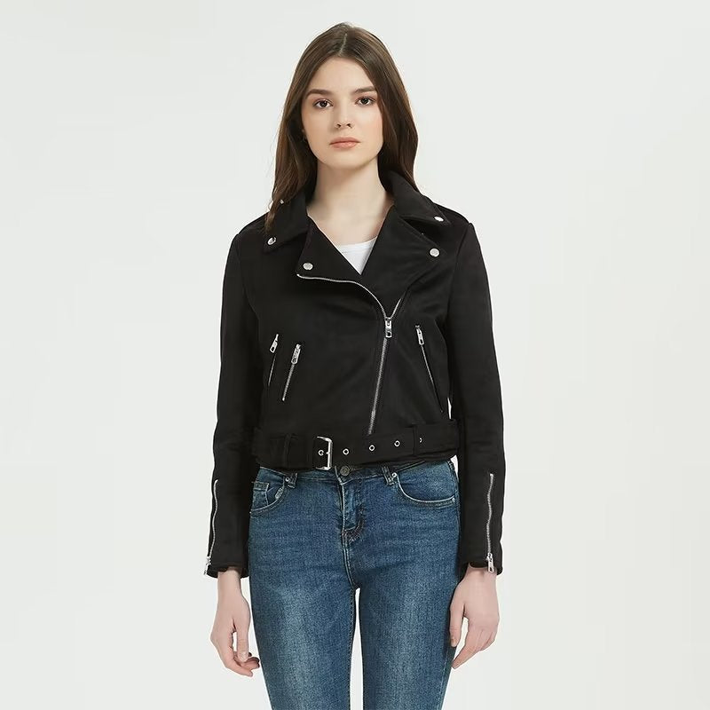 Damen stylische Bikerjacke im eleganten Wildleder-Look mit praktischen Taschen Drune