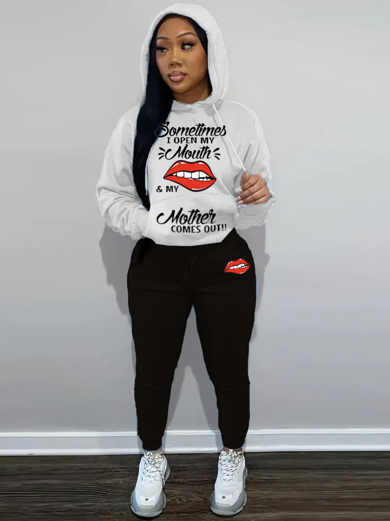Damen Hoodie und Jogginghose Set mit kreativem Lippenmotiv Drune
