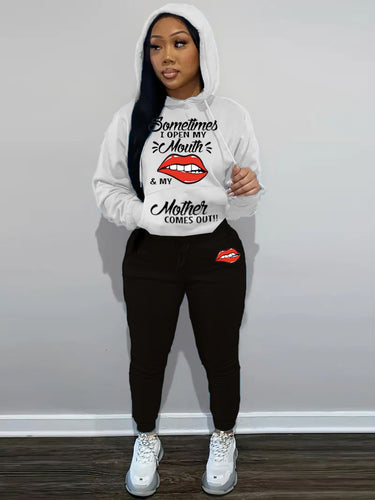 Damen Hoodie und Jogginghose Set mit kreativem Lippenmotiv Drune