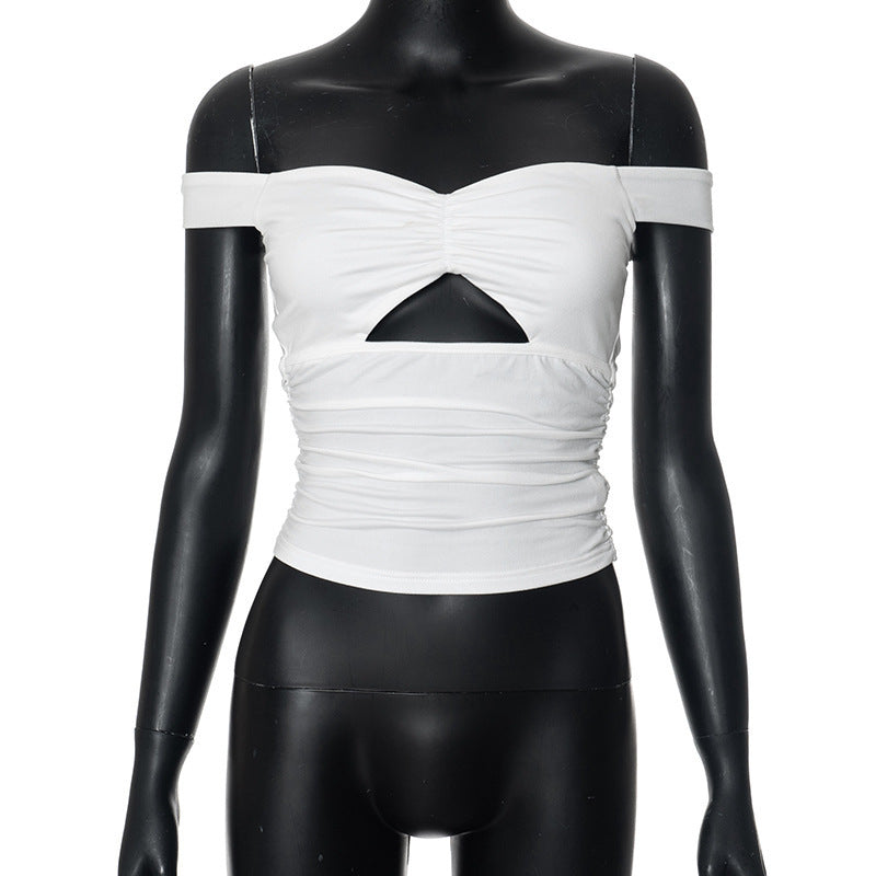 Damen elastisches Off-Shoulder Top mit Raffung und Ausschnitt Drune