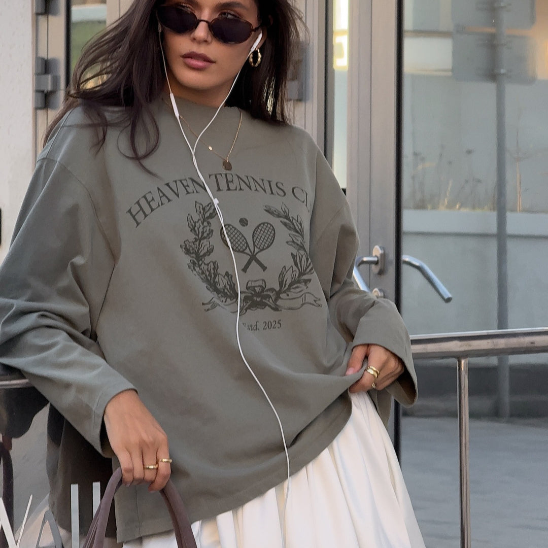 Damen lässiges Langarmshirt mit kreativem Druckdesign Drune