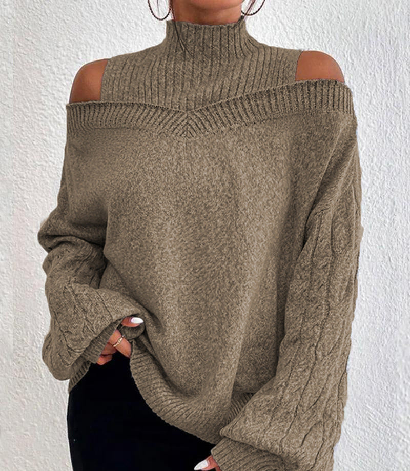 Damen Strickpullover mit lässigem Off-Shoulder Design und hohem Kragen Drune