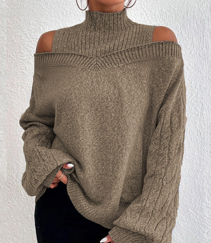Damen Strickpullover mit lässigem Off-Shoulder Design und hohem Kragen Drune