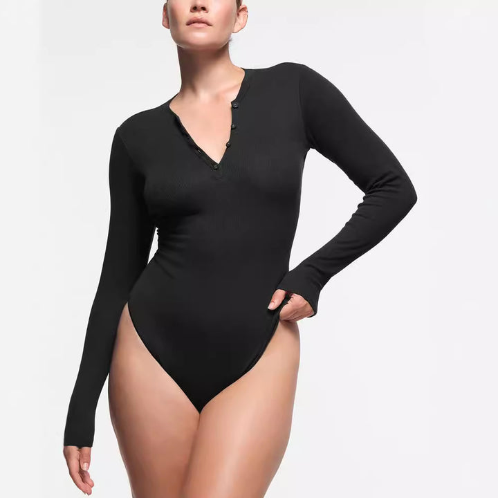 Damen Langarm-Bodysuit mit Knopfleiste Drune