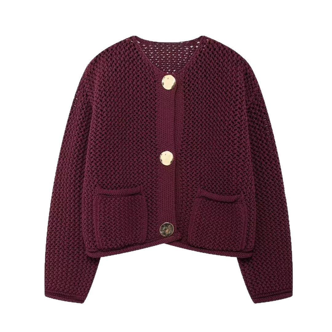 Damen Strickjacke mit Netzstruktur und großen Knopfdetails Drune
