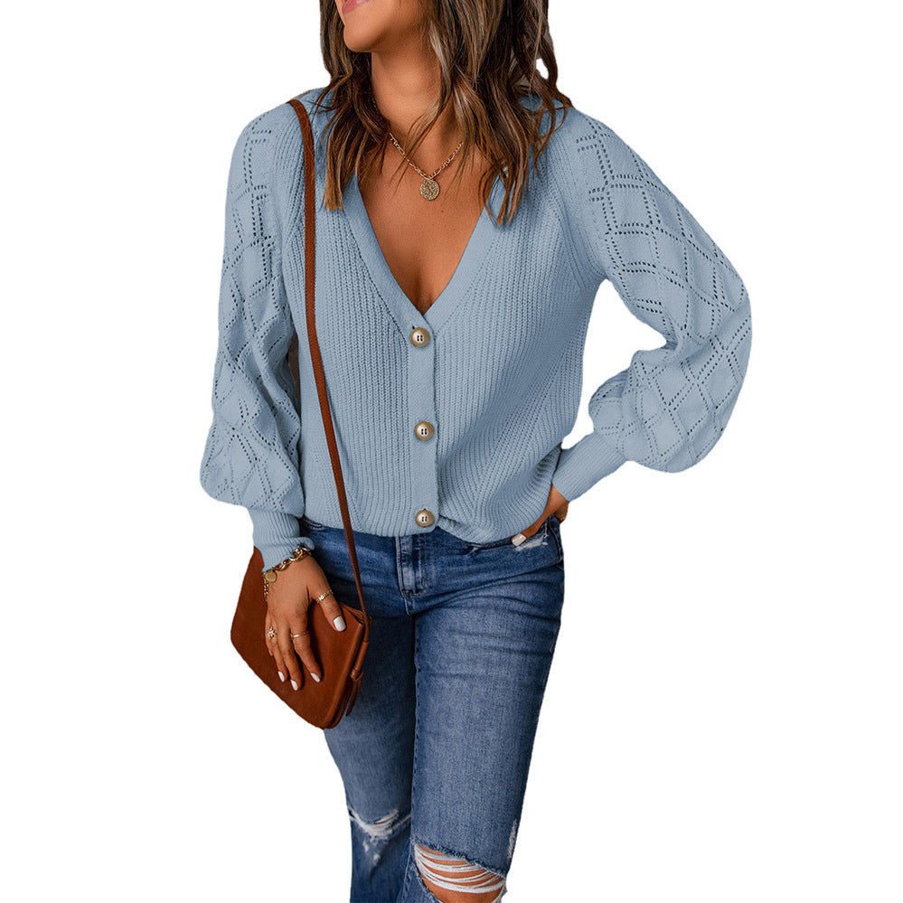 Damen Strickjacke mit V-Ausschnitt und Puffärmeln Drune