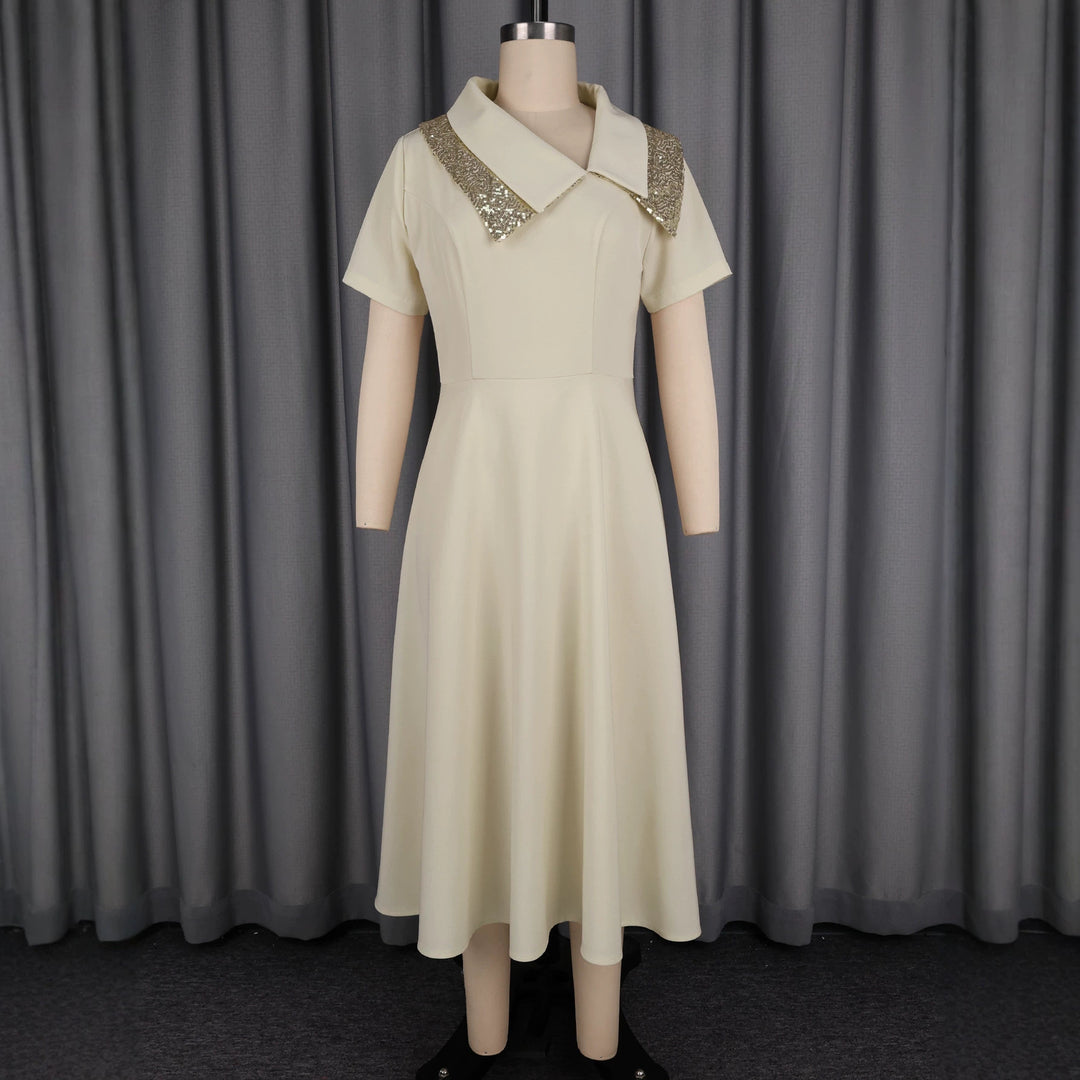 Damen elegantes Midikleid mit funkelndem Kragen Drune