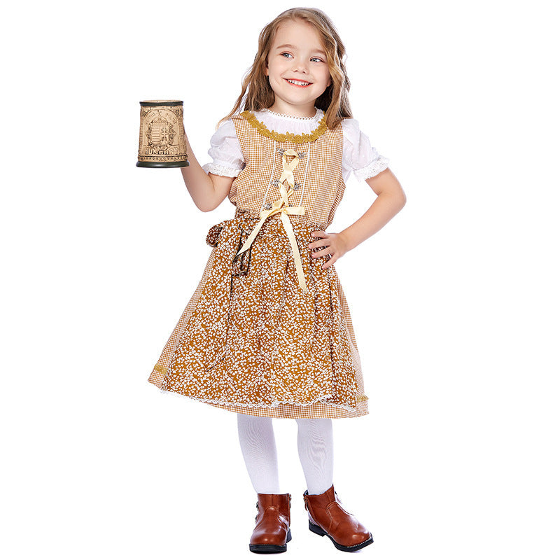Damen nan traditionelles Trachtenkleid-Set mit geschnürtem Mieder, bestickter Puffbluse und abnehmbarer Schürze Drune