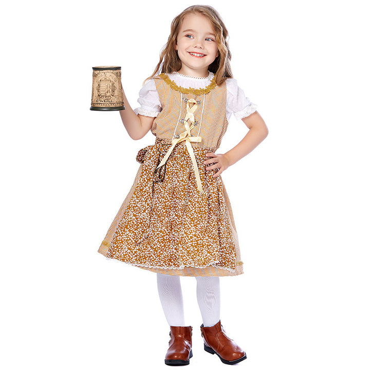 Damen nan traditionelles Trachtenkleid-Set mit geschnürtem Mieder, bestickter Puffbluse und abnehmbarer Schürze Drune