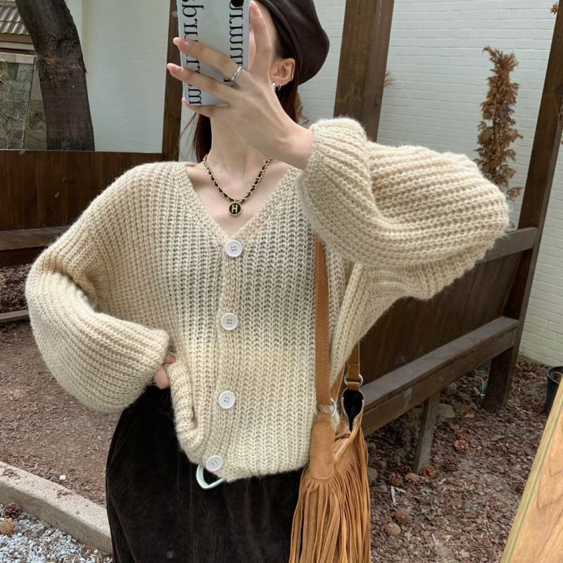 Damen lässiger Cardigan aus grobem Strick mit praktischen Knöpfen Drune