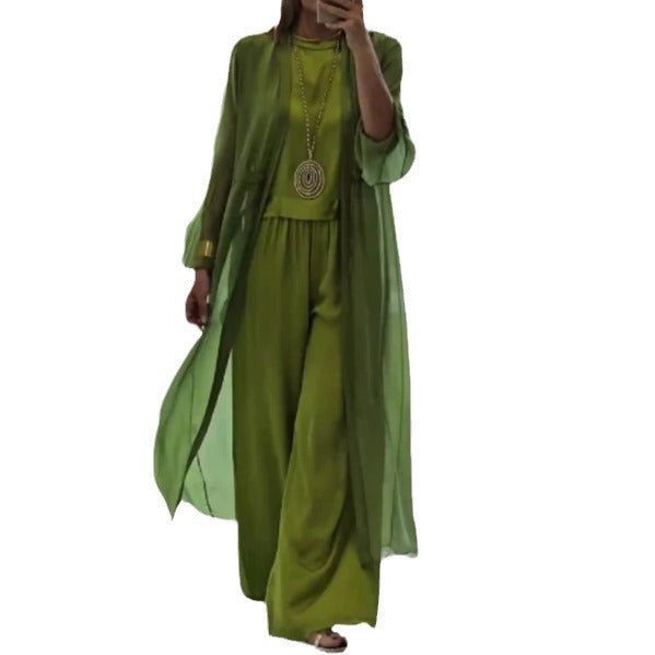 Damen nan eleganter Chiffon-Zweiteiler mit weiter geschnittener Palazzohose und langem Kimono-Überwurf Drune