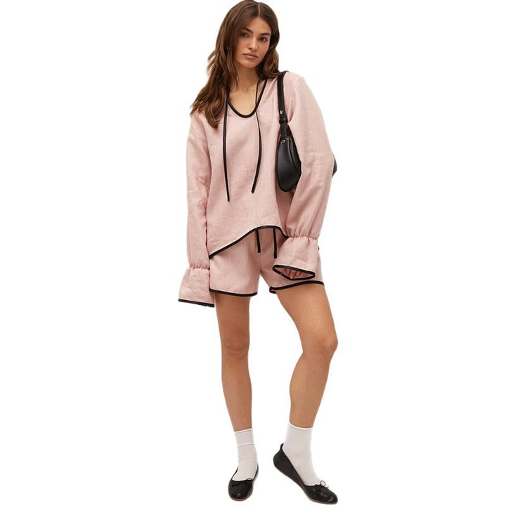 Damen luftiges Leinen-Loungewear-Set mit lockerem Oberteil und Shorts Drune