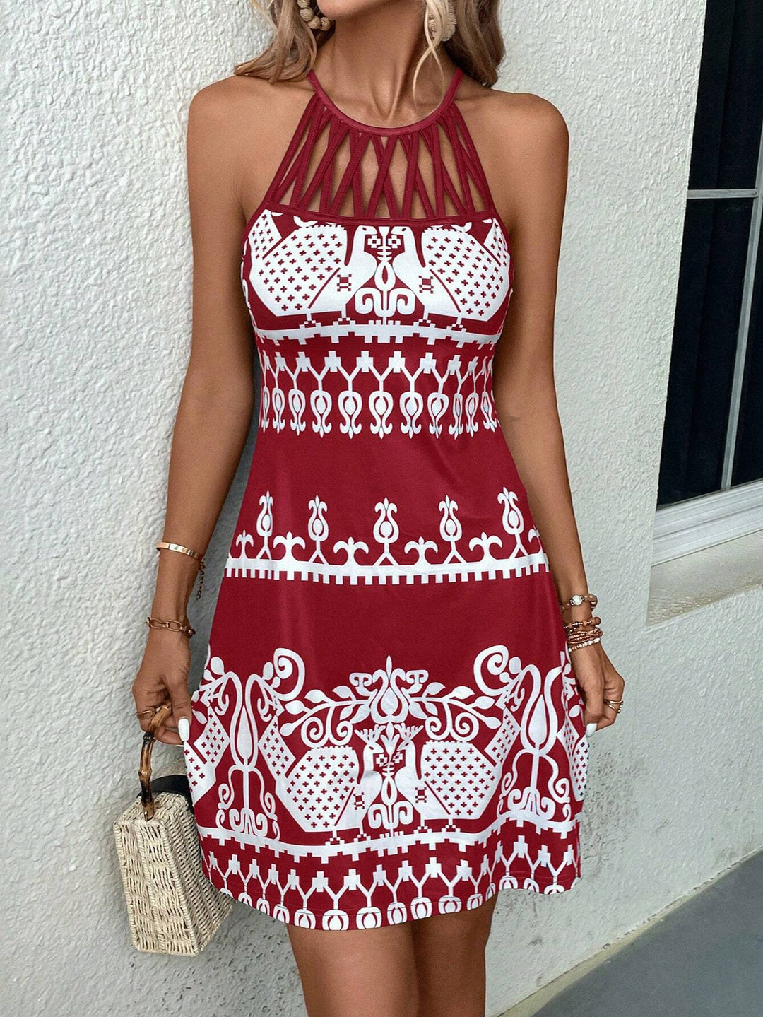 Damen ärmelloses Sommerkleid mit modischem Cut-Out-Design und grafischem Muster Drune
