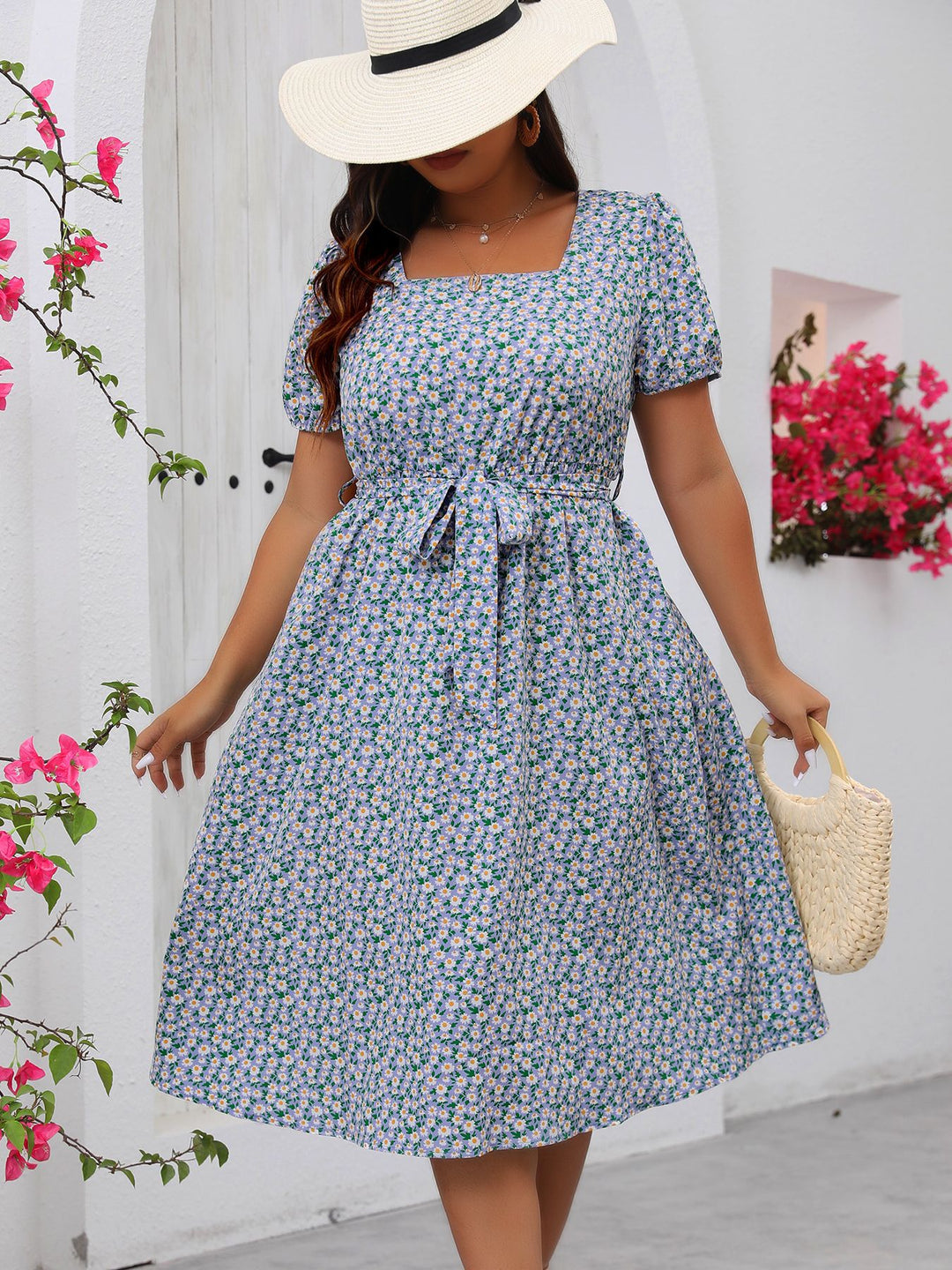 Damen Midi Kleid mit floralem Allover-Print und Puffärmeln Drune