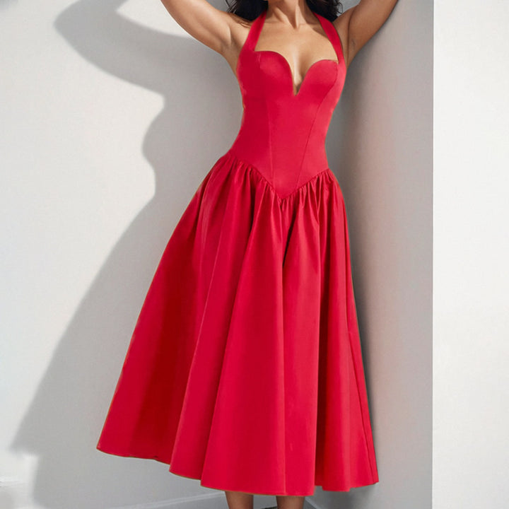 Damen Midi-Kleid mit herzförmigem Ausschnitt und voluminösem Rock Drune