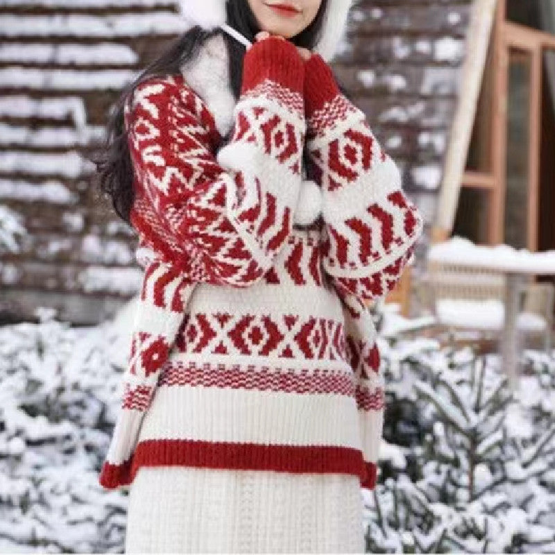 Damen gemütlicher Norwegerpullover mit dekorativem Muster und voluminösen Ärmeln Drune
