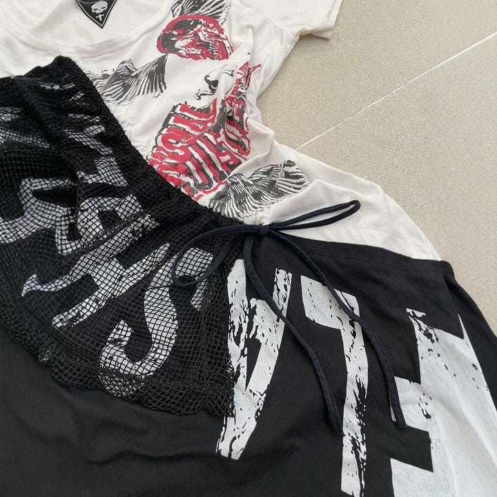 Damen lässiges T-Shirt mit einzigartigem Grafikdesign und sportlichem Mesh-Einsatz Drune