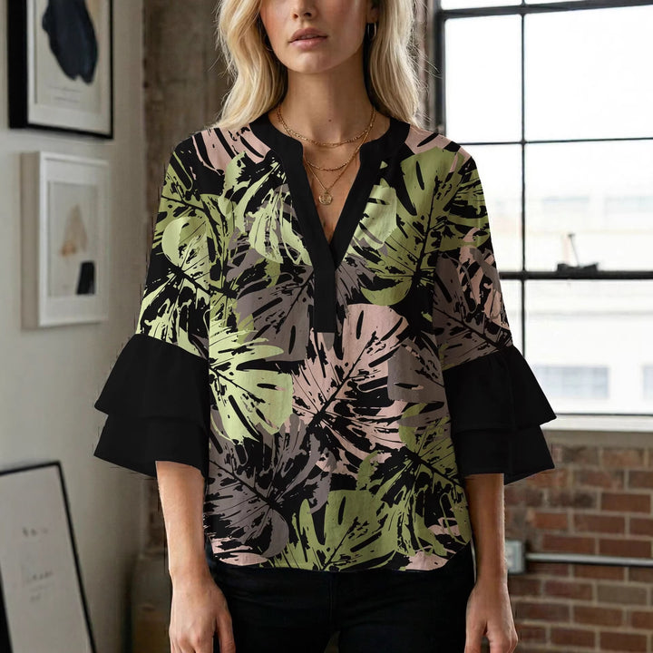Damen Blusenshirt mit voluminösen Ärmeln und kreativem Druckdesign Drune