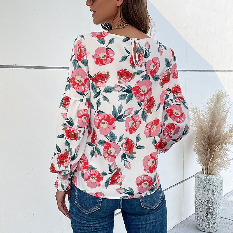 Damen elegante Bluse mit gefülltem Ärmel und floralem Muster Drune