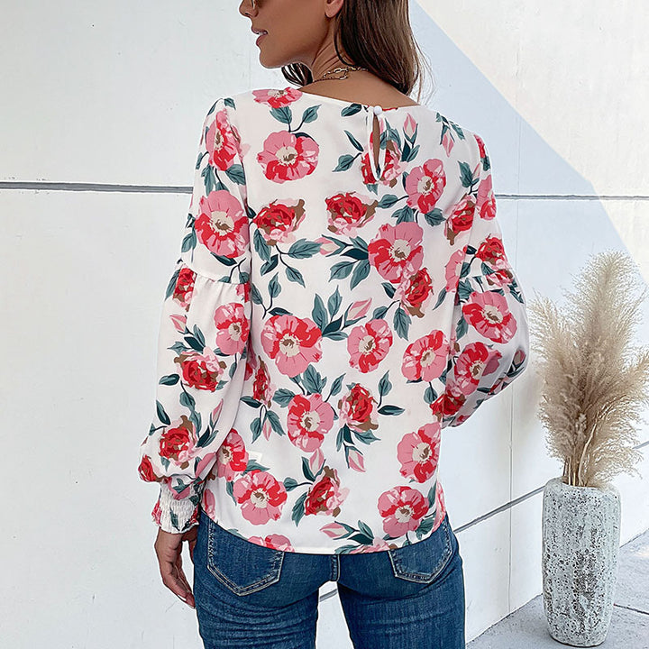 Damen elegante Bluse mit gefülltem Ärmel und floralem Muster Drune