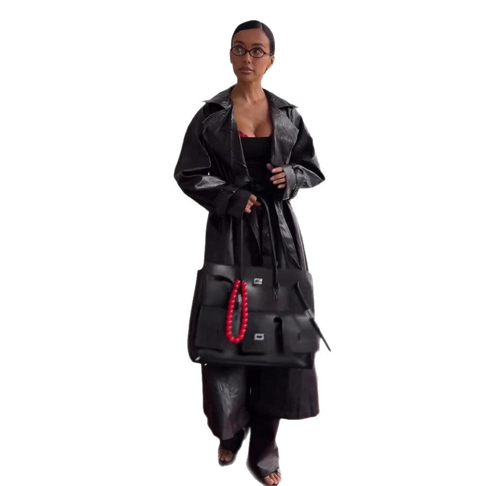 Damen Kunstleder Trenchcoat Drune