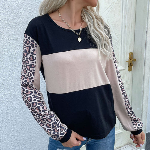 Damen gestreiftes Sweatshirt mit Leopardenärmeln und modernem Schnitt Drune