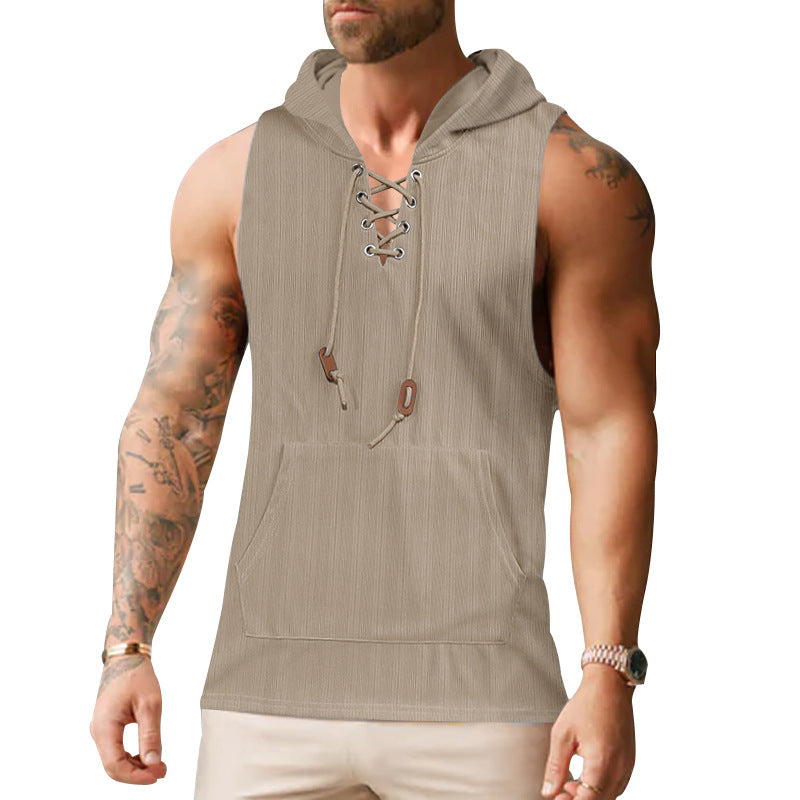Herren ärmelloses Kapuzenshirt mit leichtem Strukturdesign und praktischen Schnürdetails Drune