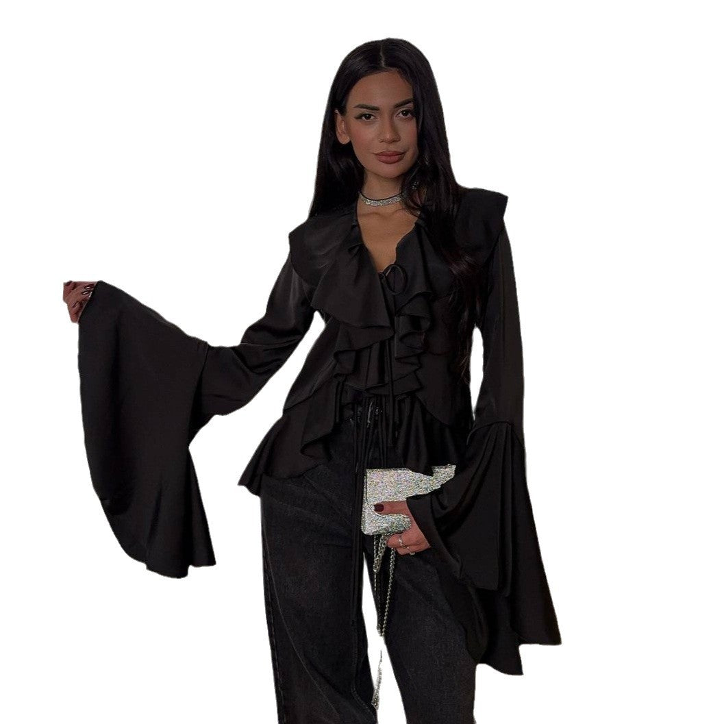 Damen Bluse mit voluminösen Rüschendetails und weitem Ärmel Drune