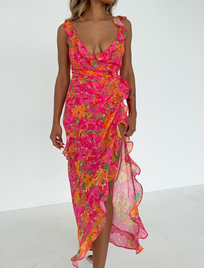 Damen Maxikleid mit asymmetrischem Saum und voluminösen Rüschen Drune