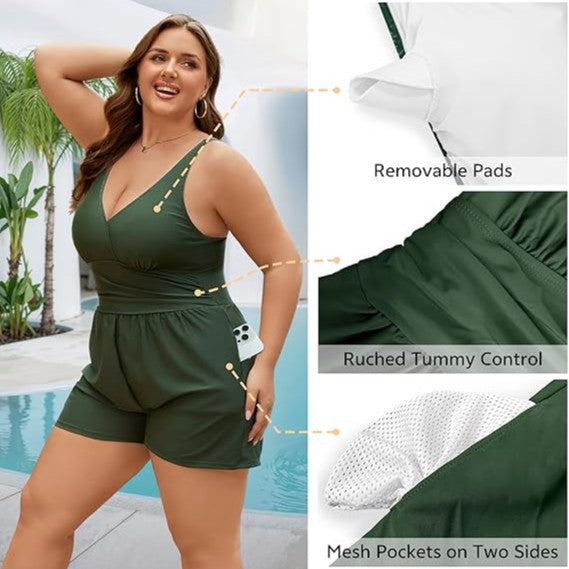 Damen Playsuit mit tiefem V-Ausschnitt und seitlichen Taschen Drune