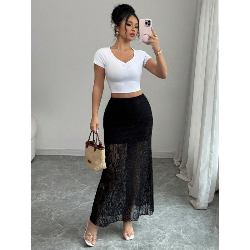 Damen Eleganter Spitzenrock im Maxi-Style mit transparenter Optik Drune
