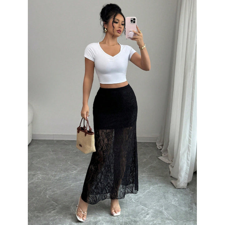 Damen Eleganter Spitzenrock im Maxi-Style mit transparenter Optik Drune