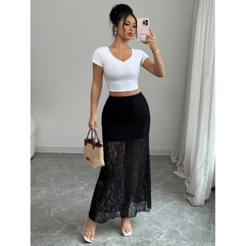 Damen Eleganter Spitzenrock im Maxi-Style mit transparenter Optik Drune