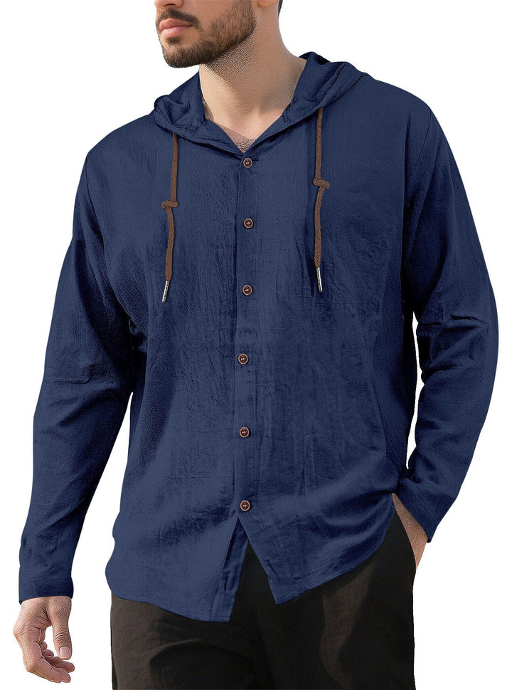 Herren nan Kapuzenhemd im Leinen-Look mit durchgehender Knopfleiste und Kordelzug Drune