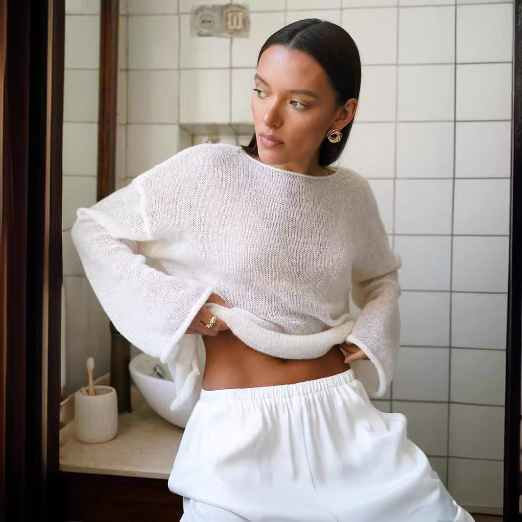 Damen lässiger Pullover mit weiten Ärmeln und feinem Lochstrickdesign Drune