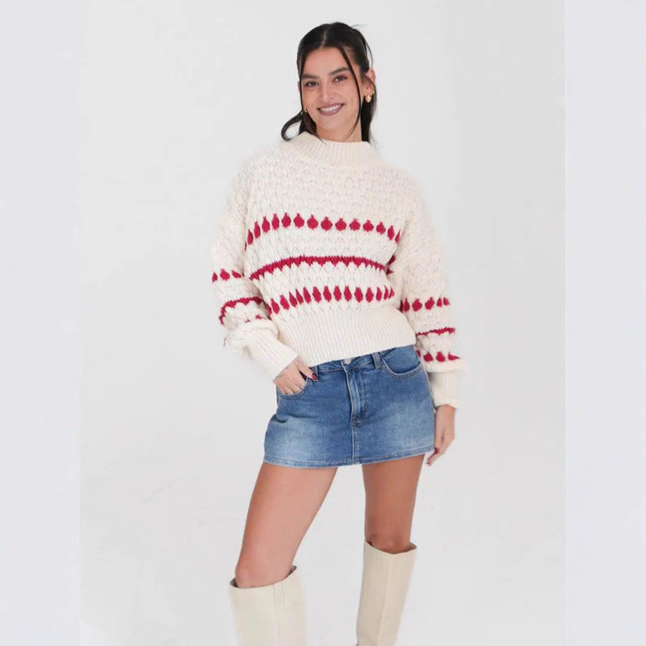 Damen Strickpullover mit modernem Zopfmuster und voluminösen Ärmeln Drune