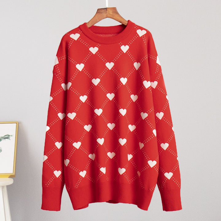 Damen Gemusterter Pullover mit Herzmotiven und weitem Schnitt Drune