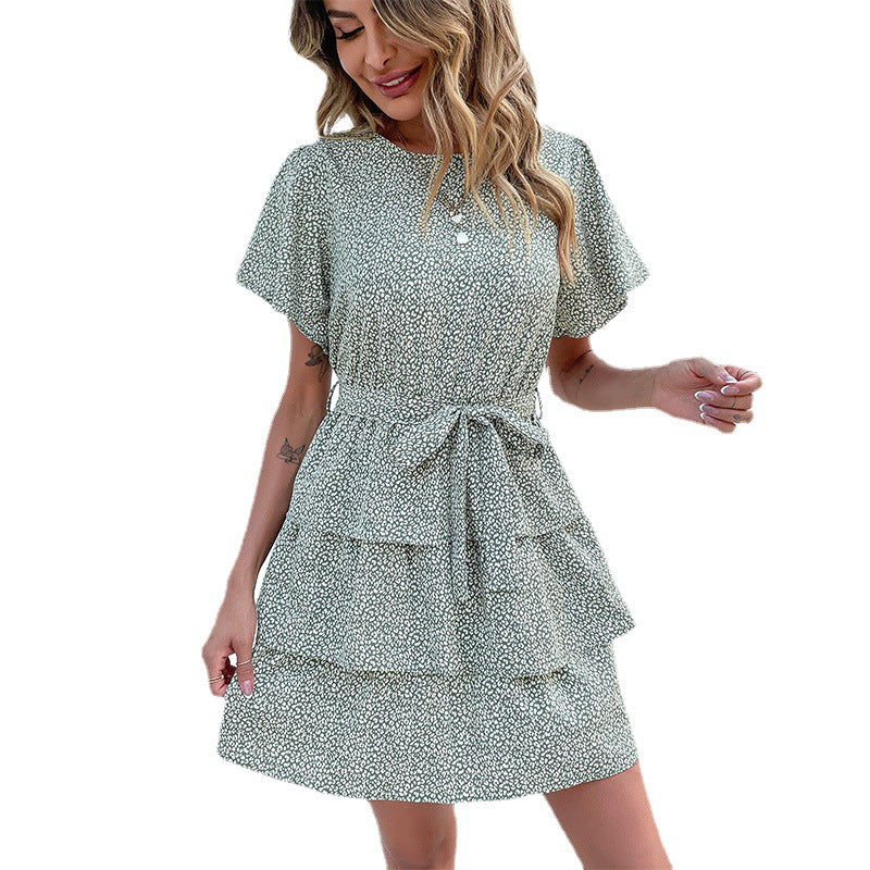 Damen Rüschensommerkleid mit taillierbarem Gürtel und voluminösem Rock Drune