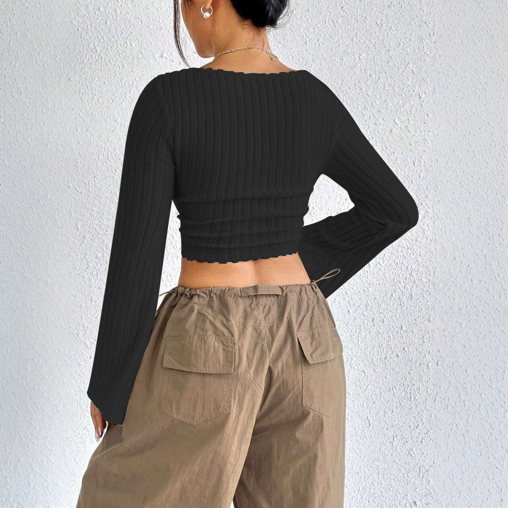 Damen Langarm-Crop-Top mit dekorativem Rippdesign und abgerundetem Saum Drune