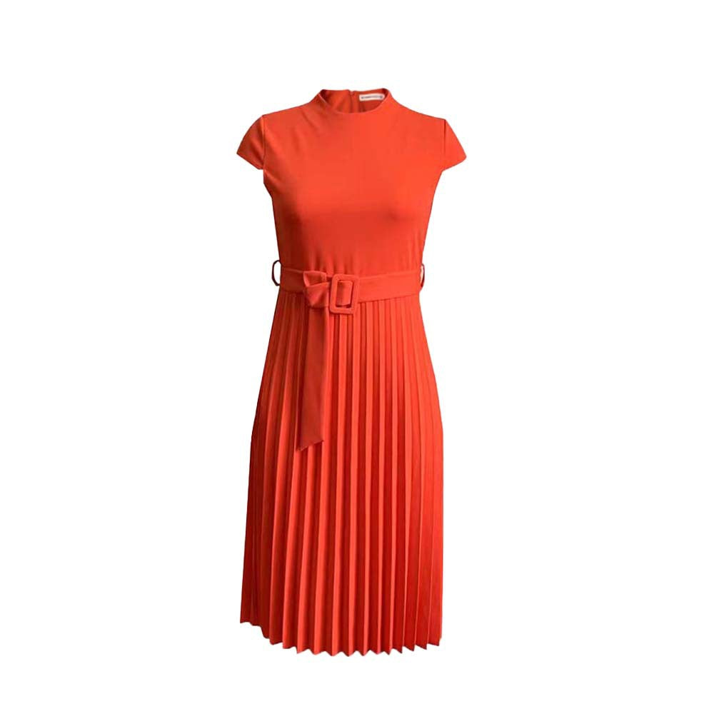 Damen Plissee Kleid mit elegantem Stehkragen und modischem Taillengürtel Drune