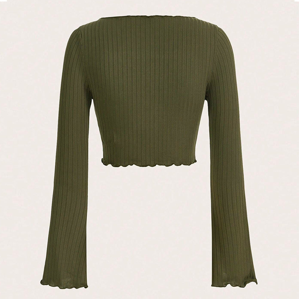 Damen cropped Langarmshirt mit asymmetrischem Saum und modischen Rüschendetails Drune