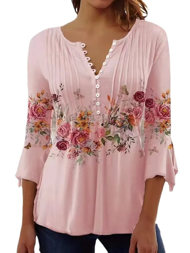 Damen Bluse mit floralem Print und Knopfdetail Drune