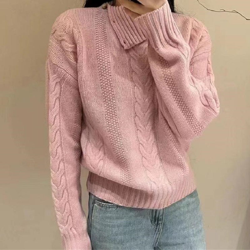 Damen Grobstrick Pullover mit hohem Kragen und Knopfdetails Drune