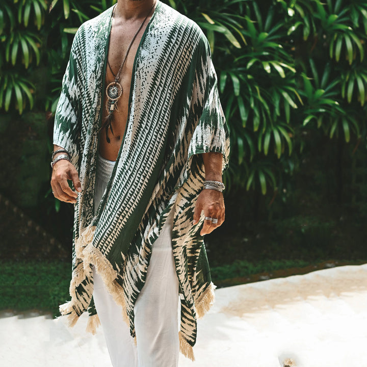 Herren nan leichter Strandponcho im Kimono-Stil mit Fransen Drune