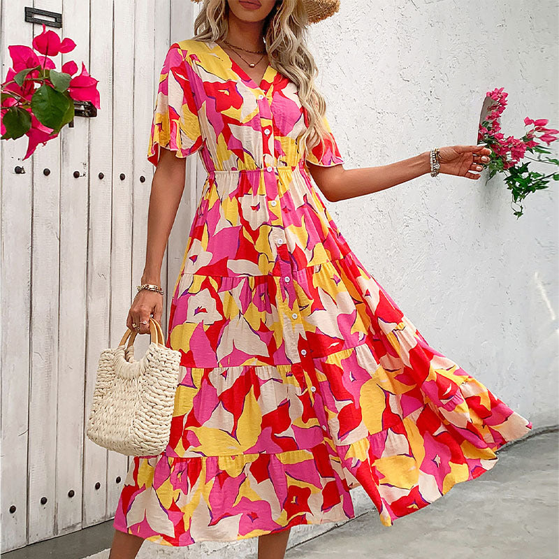 Damen Blümchen Maxikleid mit Knopfleiste und Rüschendetails Drune