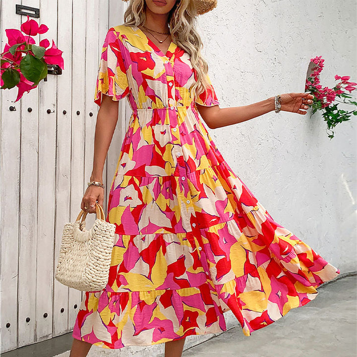 Damen Blümchen Maxikleid mit Knopfleiste und Rüschendetails Drune